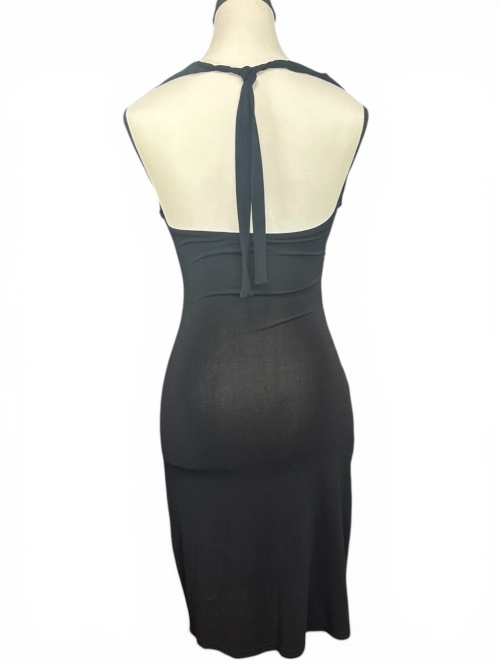Le Chateau Blk Halter Dress S Sleeveless Ruched Bodycon Midi Open Back Stretch - Picture 3 of 7